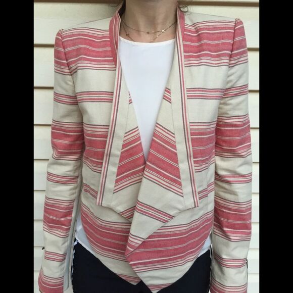 BCBGMaxAzria Striped Draped Open Front Blazer; Pink & Cream, Size XXS/XS/S - Picture 1 of 5